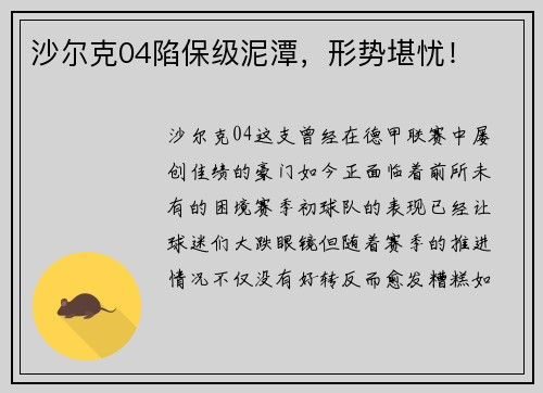 沙尔克04陷保级泥潭，形势堪忧！