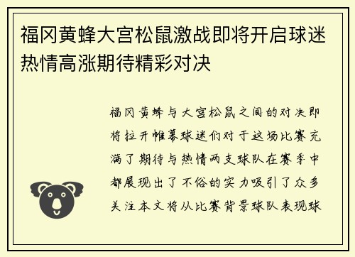 福冈黄蜂大宫松鼠激战即将开启球迷热情高涨期待精彩对决